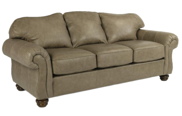 Brown leather loveseat with rolled arms and decorative nailheads on a white background.
