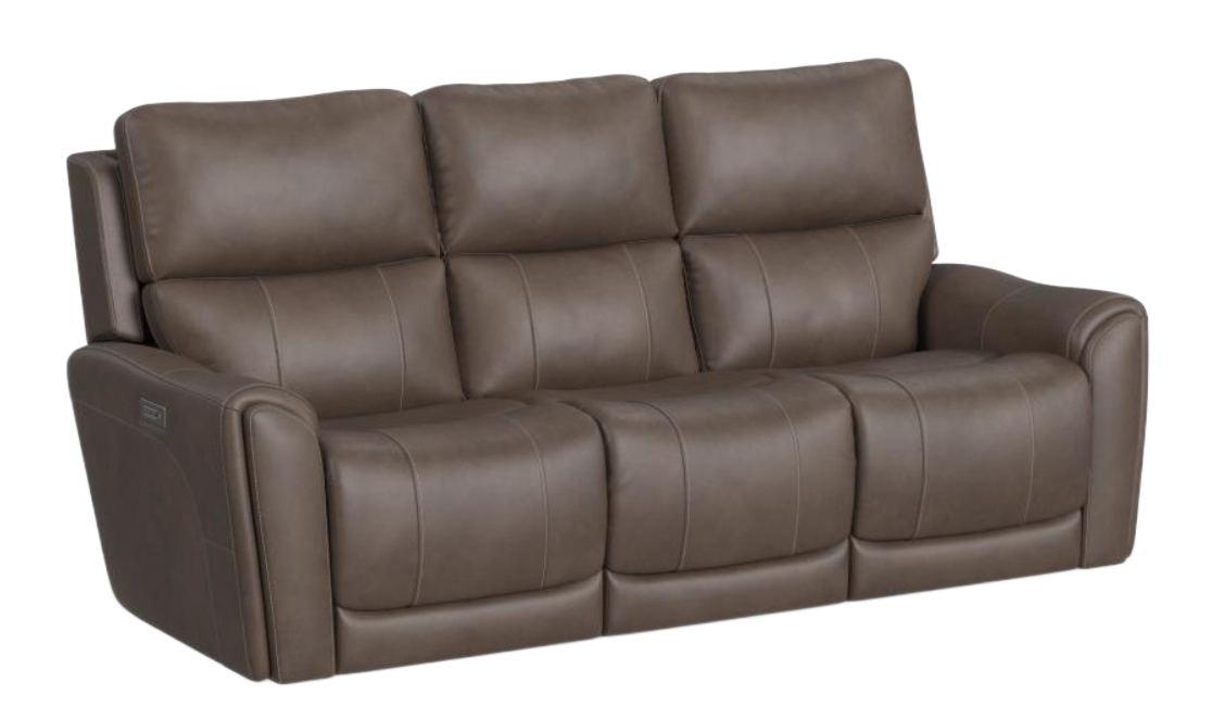 Brown leather reclining loveseat with center console featuring cup holders.
