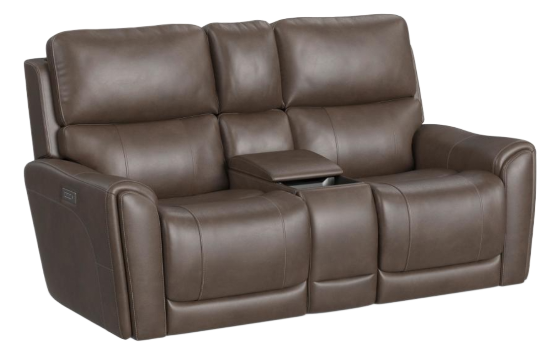 Brown leather reclining loveseat with center console featuring cup holders.