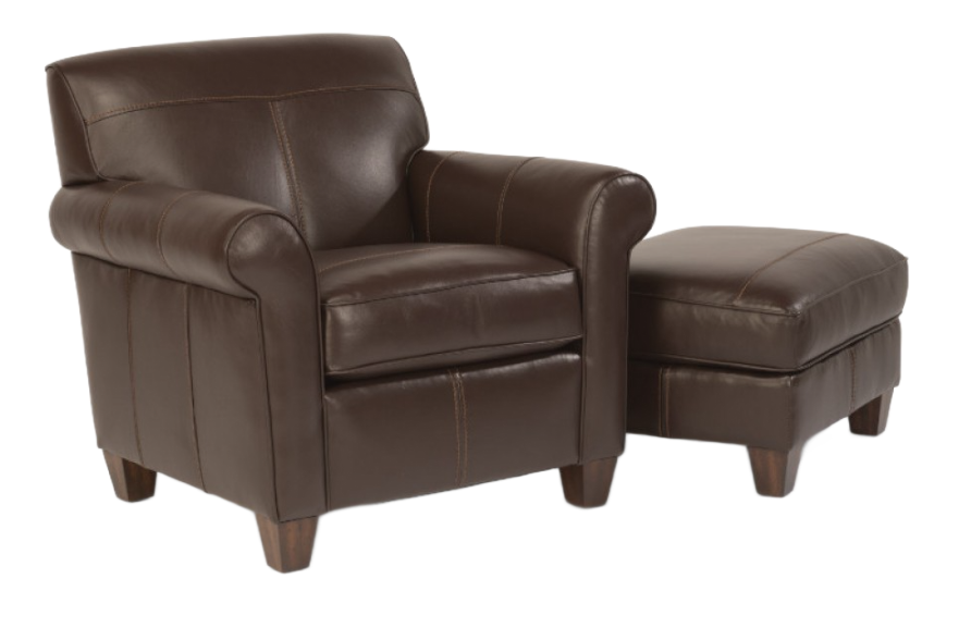 Brown leather armchair and matching ottoman on a white background.