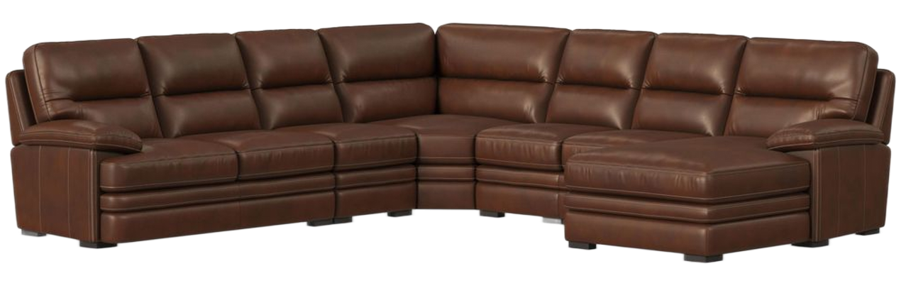 Brown leather sectional sofa with rounded armrests and a chaise lounge.