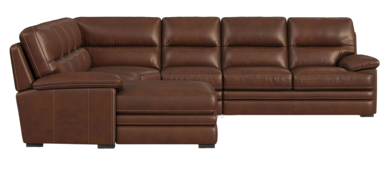 Brown leather sectional sofa with rounded armrests and a chaise lounge.