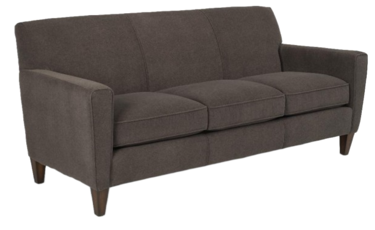 Brown fabric sofa with three cushions and wooden legs.