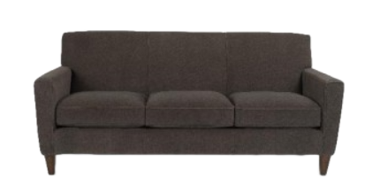 Brown fabric sofa with three cushions and wooden legs.