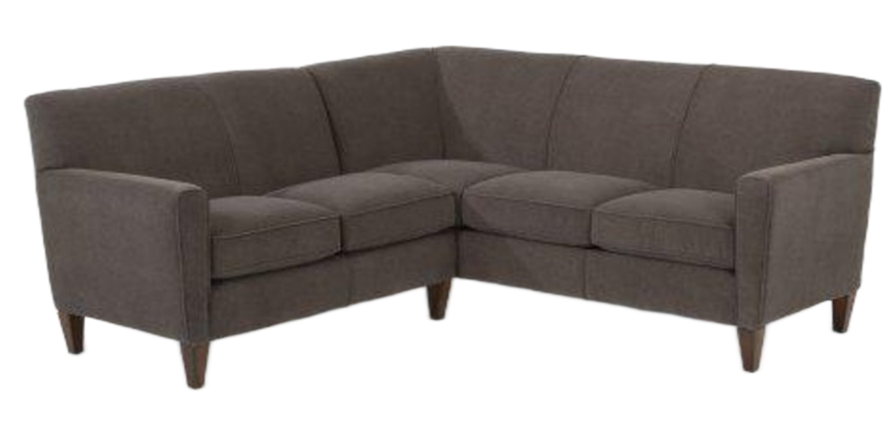 Brown L-shaped sofa with dark wooden legs on a white background.