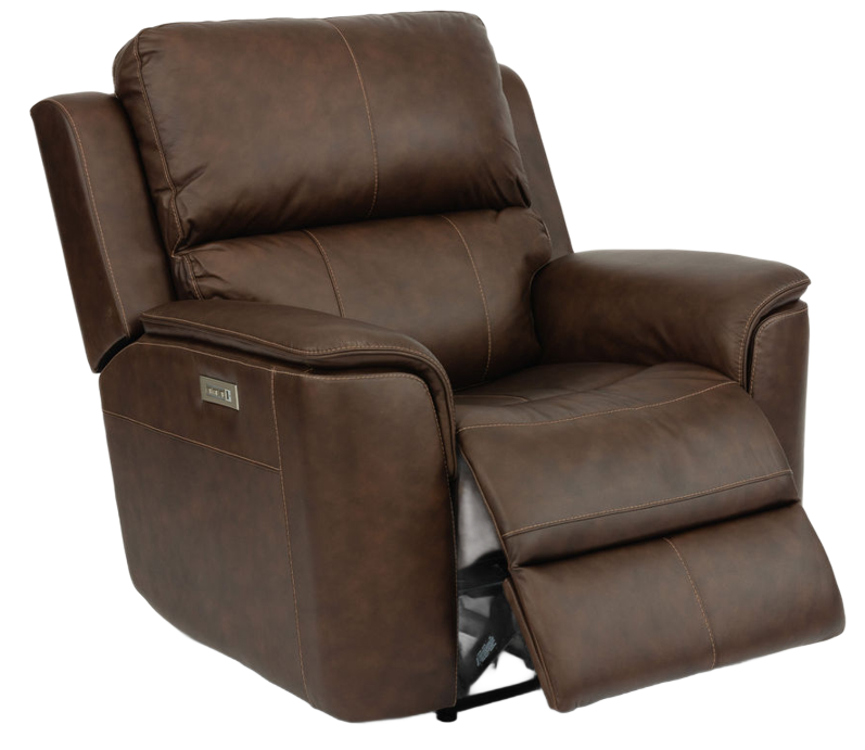 Brown leather recliner chair, partially reclined, in a well-lit setting.