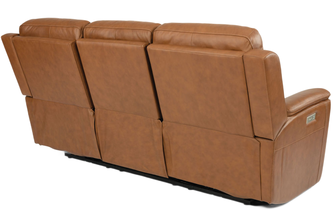 Brown leather recliner sofa with cupholders.