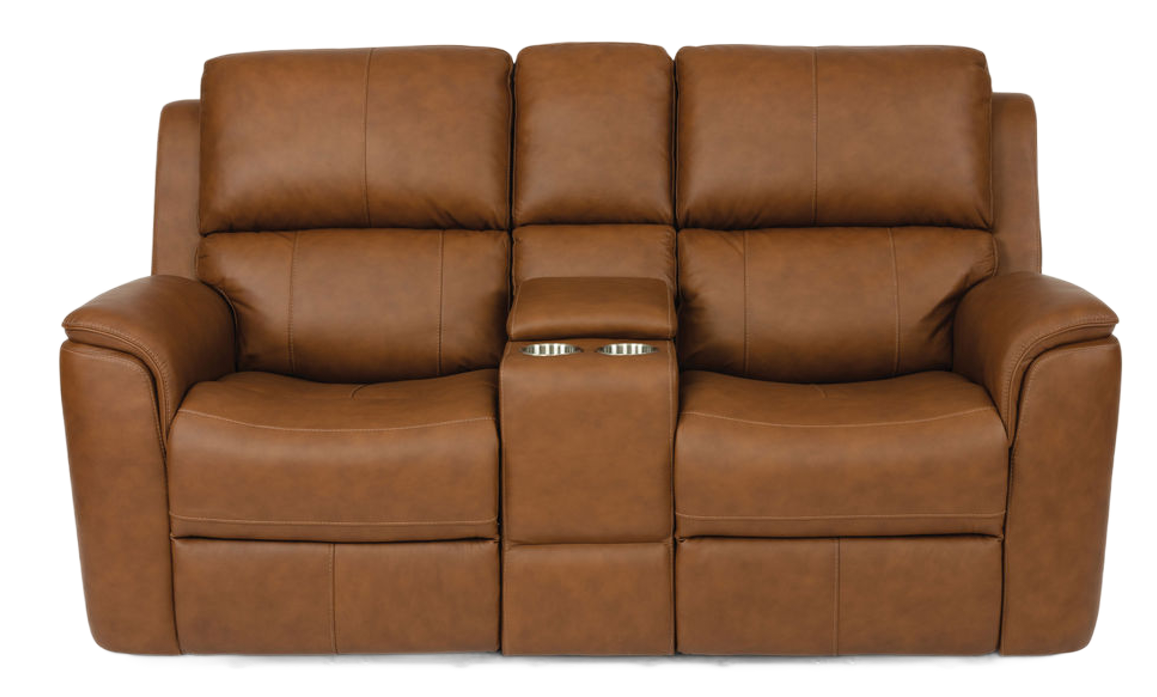 Brown leather recliner sofa with cupholders.