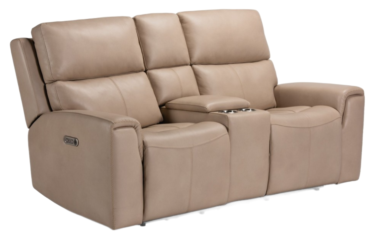 Beige leather reclining loveseat with center console, reclined on the left.
