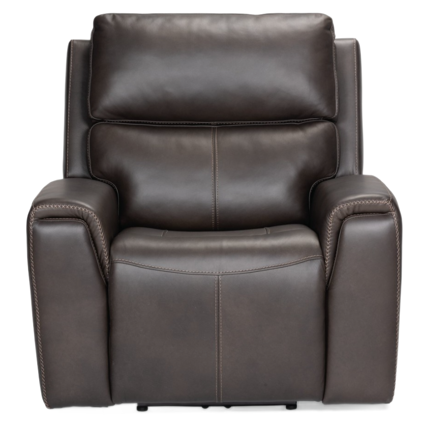 Dark brown leather recliner with padded headrest, arms, and stitched detailing.