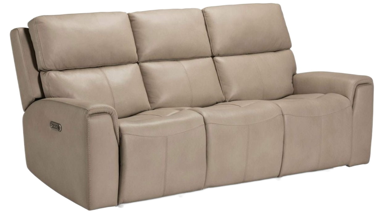 Beige leather reclining sofa. Three seats, raised headrests, arms with control panel on the side.