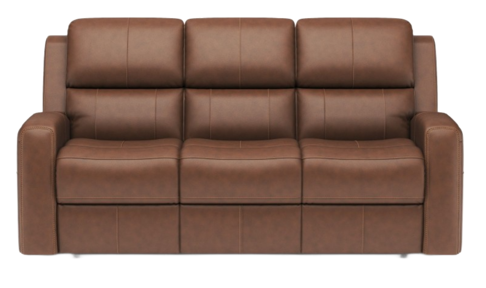 Brown leather reclining sofa with three seats.