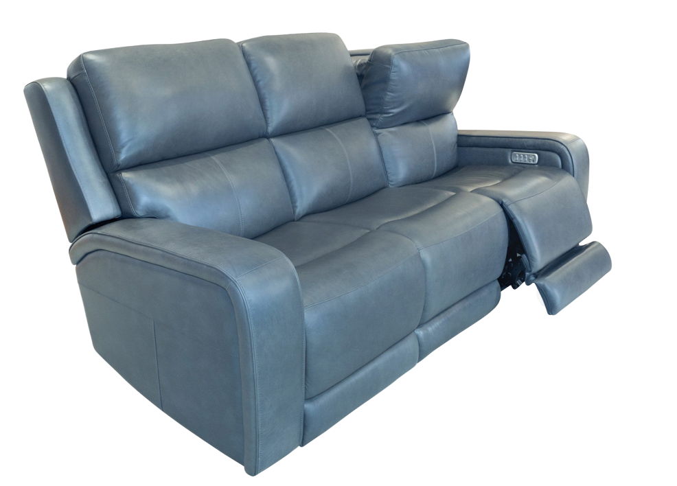 Gray leather reclining sofa with two reclined seats and headrests.