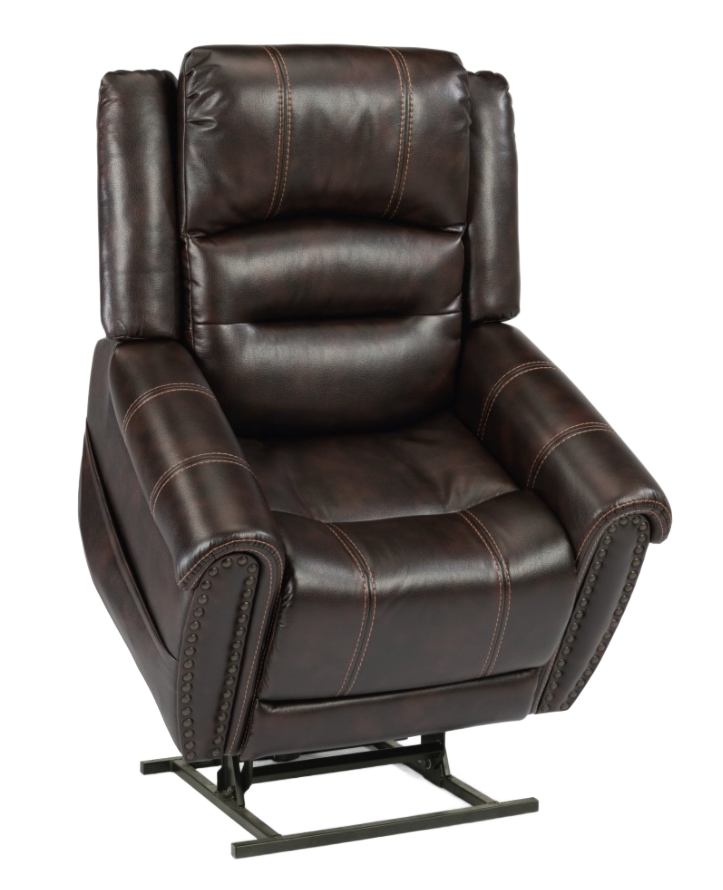 Brown leather recliner chair with visible stitching on a metal base.