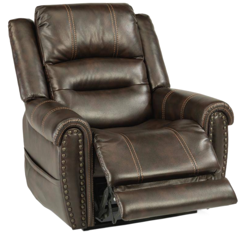 Brown leather recliner chair with visible stitching on a metal base.