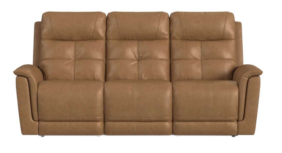 Tan leather reclining sofa with three seats.
