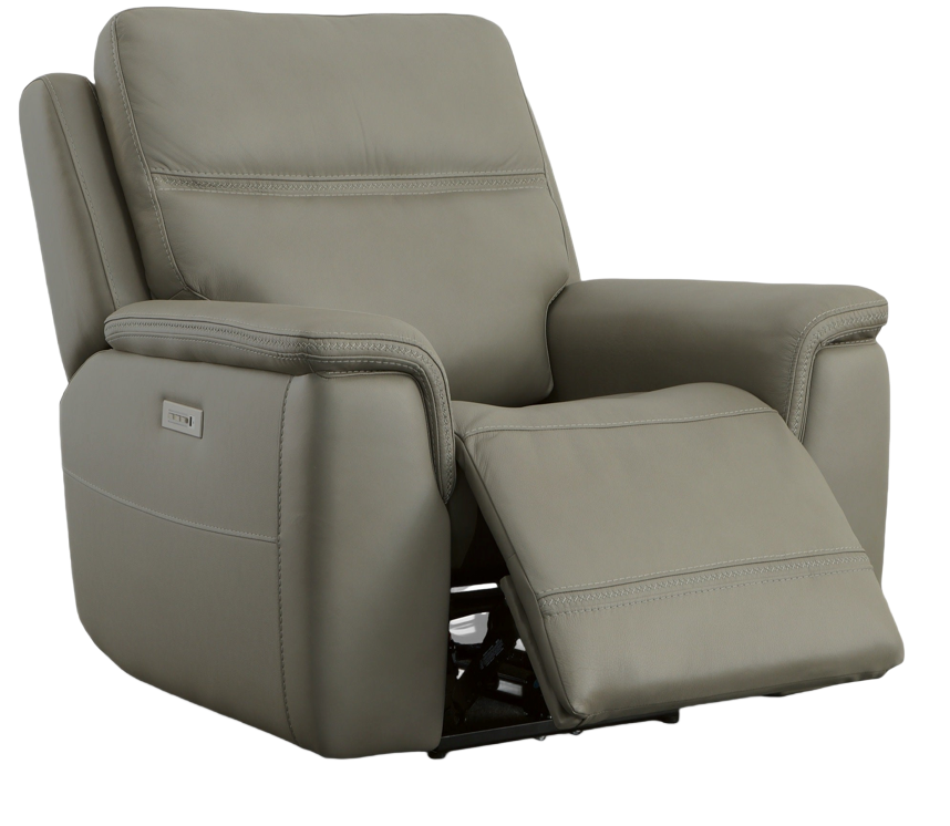 Gray leather recliner chair, footrest extended.