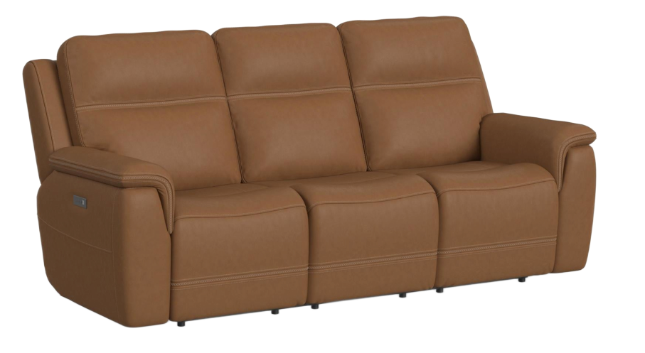 Brown leather reclining sofa with three seats.