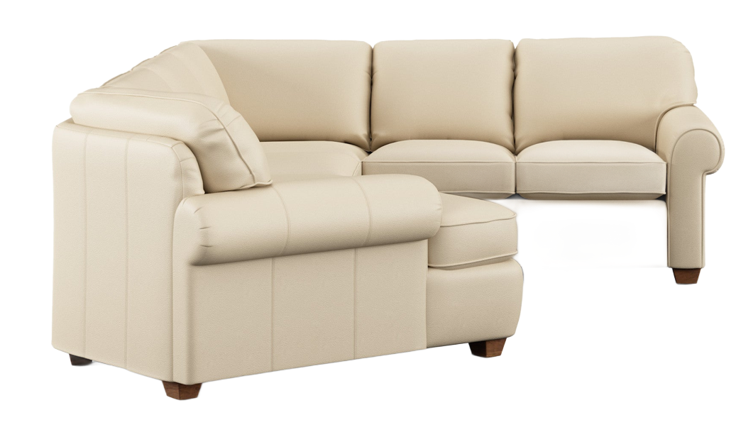 Cream-colored leather sectional sofa with a chaise lounge on a white background.