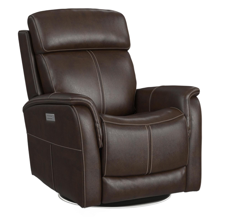 Brown leather recliner with white stitching, a tall back, and a swivel base.