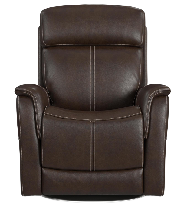 Brown leather recliner with white stitching, a tall back, and a swivel base.