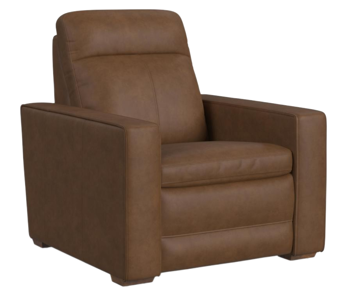 Brown leather recliner chair with square arms.