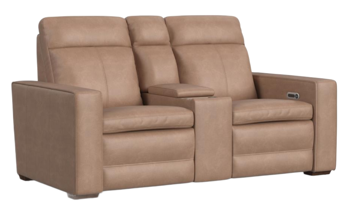 Tan leather recliner sofa with three seats and headrests.