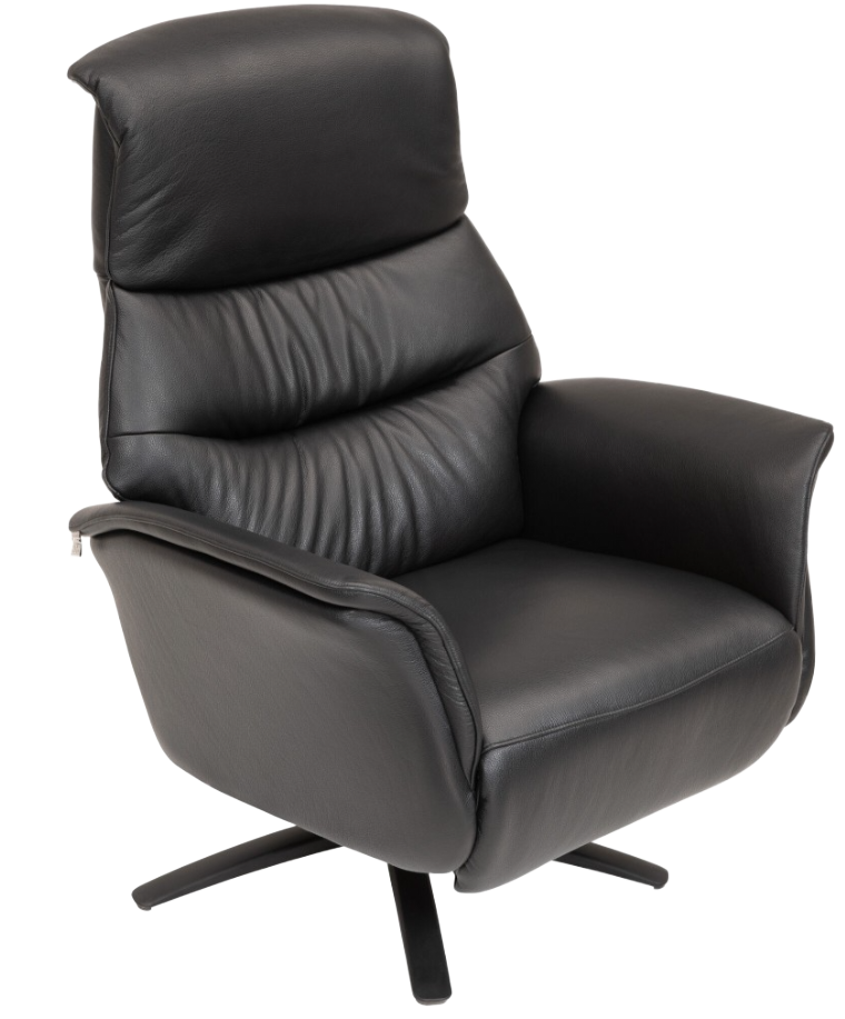 Black leather recliner chair with padded headrest, armrests, and swivel base.