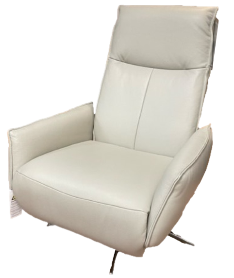 Light gray leather recliner chair on a swivel base, slightly reclined.