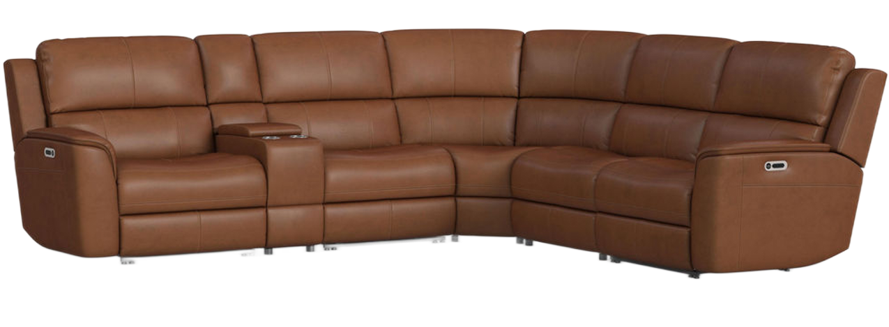 Brown leather sectional sofa with a curved shape and cup holders.