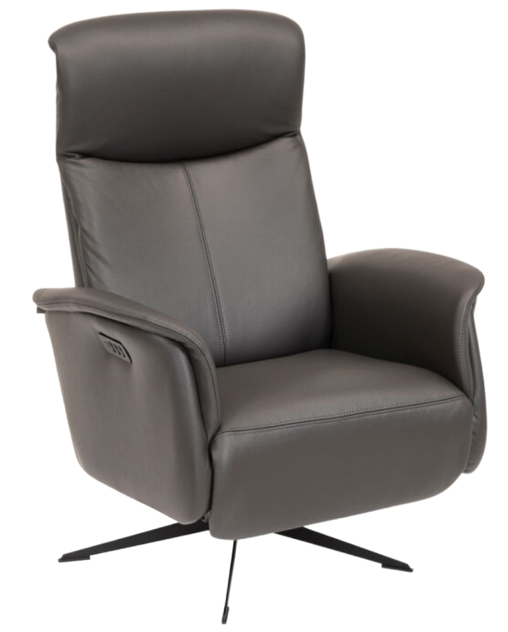 Gray leather recliner chair on a black, star-shaped base.