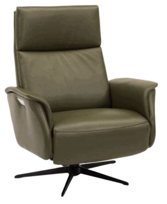Olive green leather swivel recliner with black base.