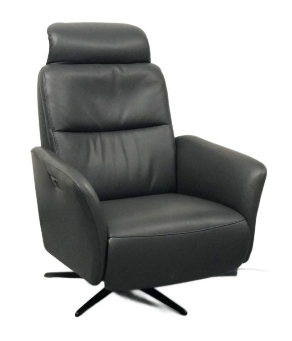 Beige leather recliner chair with headrest and black swivel base.