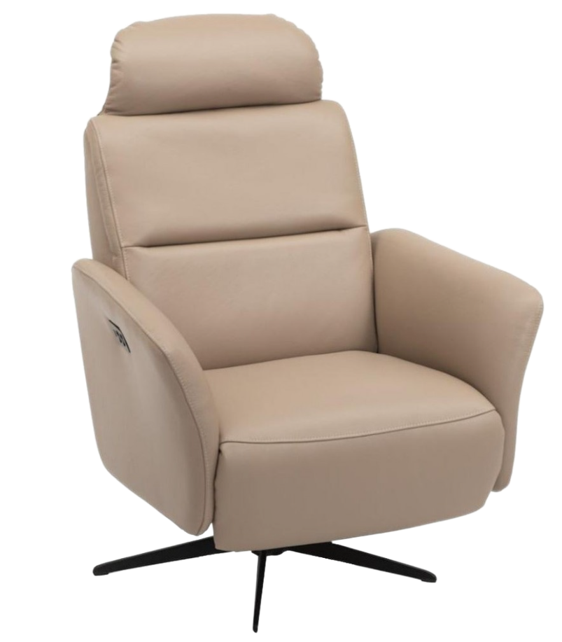 Beige leather recliner chair with headrest and black swivel base.