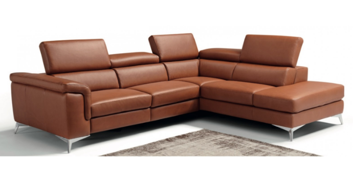 Brown leather sectional sofa with adjustable headrests and chrome legs.