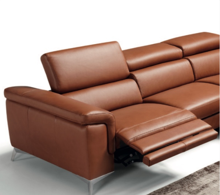 Brown leather sectional sofa with adjustable headrests and chrome legs.