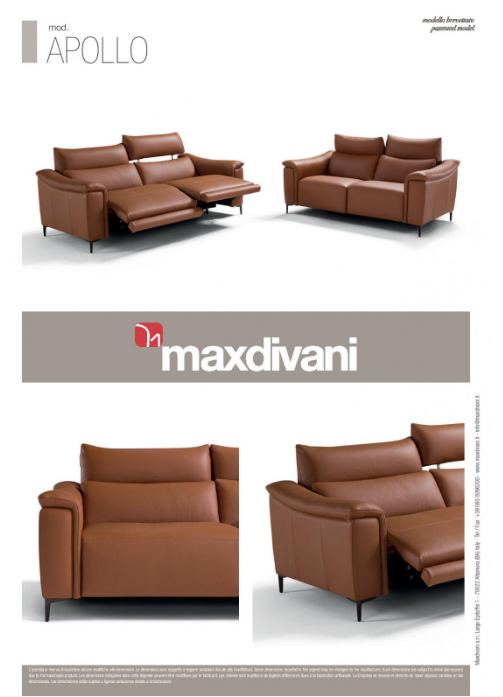 Brown leather two-seater sofa with adjustable headrests, black legs, and a neutral background.