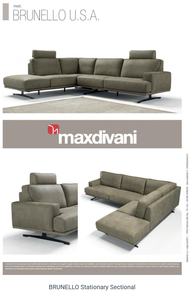 L-shaped gray sectional sofa with adjustable headrests on a black metal base.