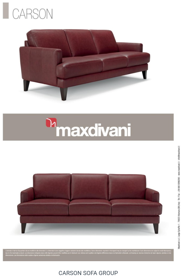 Burgundy leather sofa with three cushions and dark wooden legs.