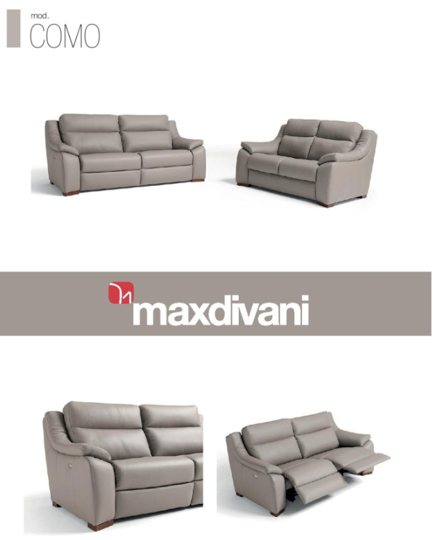 Taupe leather reclining loveseat with two seats, wooden feet, and a white background.