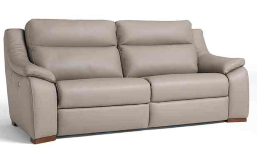 Taupe leather reclining loveseat with two seats, wooden feet, and a white background.