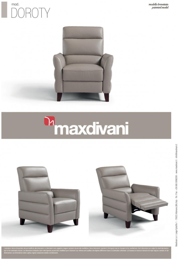 Beige leather recliner chair with footrest extended. Dark wood legs.