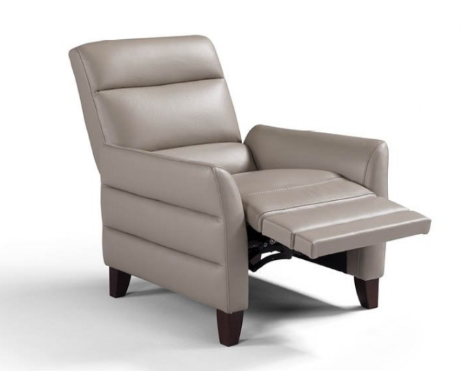 Beige leather recliner chair with footrest extended. Dark wood legs.