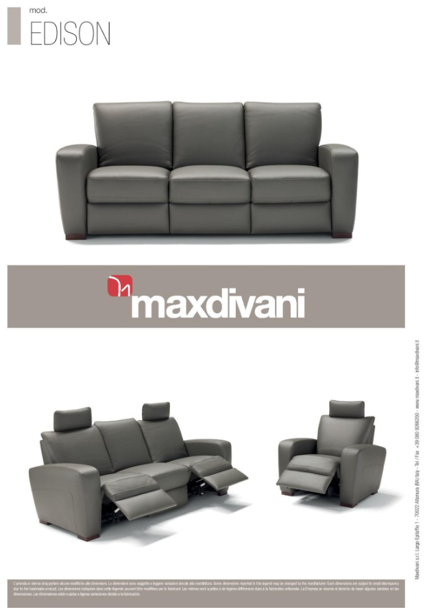 Gray leather reclining sofa with adjustable headrests.
