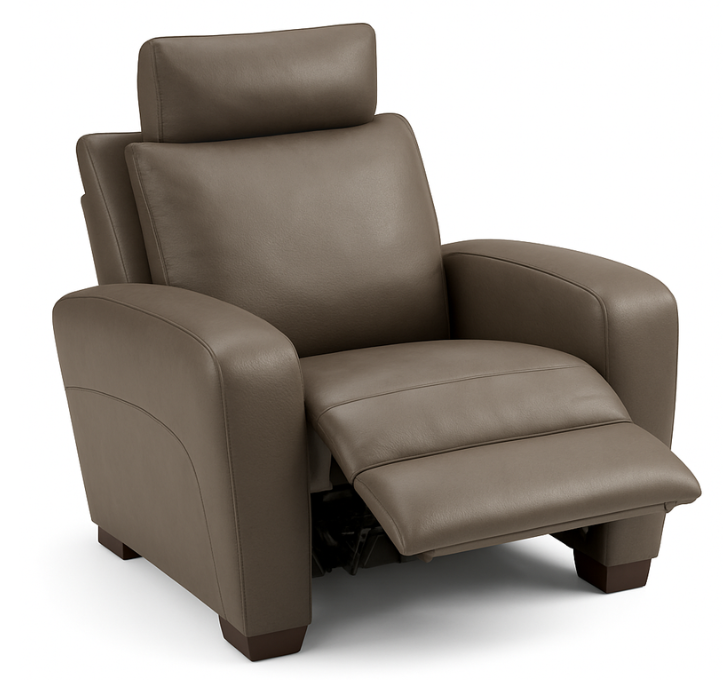 Taupe leather recliner chair with footrest extended and headrest up.