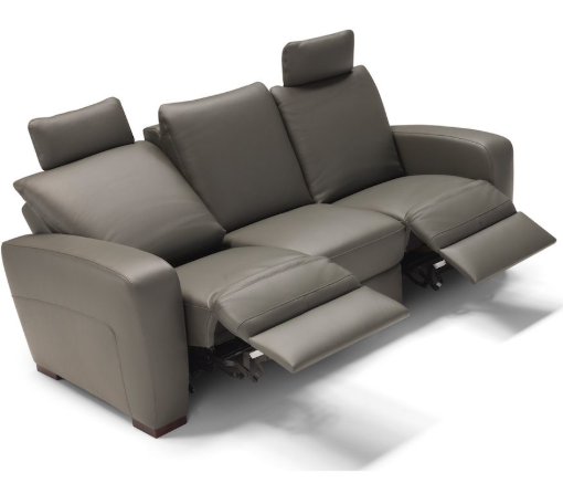 Gray leather reclining sofa with adjustable headrests.