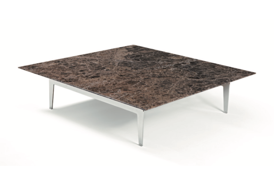 Brown-topped coffee table with silver legs on white background.