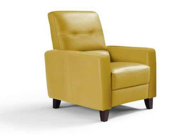 Yellow leather recliner chair with dark wooden legs.