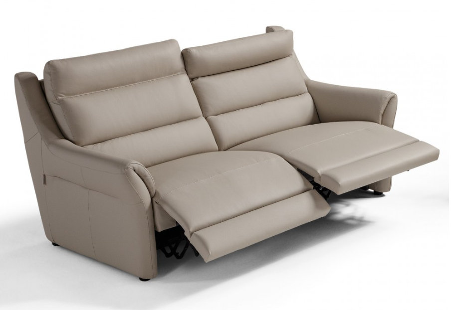 Beige two-seater recliner sofa with pillowed back and seat cushions, with armrests.