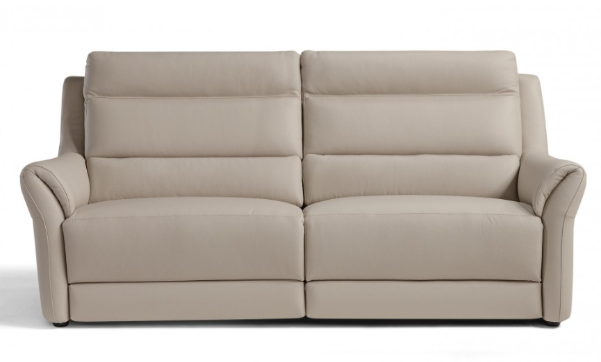 Beige two-seater recliner sofa with pillowed back and seat cushions, with armrests.